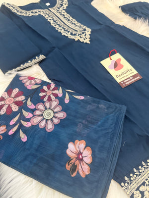 Elegant 3 Piece Peacock Blue Shade Kurti Set with Exquisitely Zari Work, Girl's Dress, Design G-1893