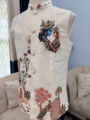 Men’s Ivory Radha Krishna Jacket | Embroidered Indian Waistcoat with Peacock & Elephant Design | Festive Modi Jacket | J-4051