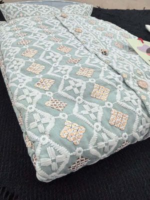 Light Teal Shade Men's Kurta Pajama set with Embroidery and Sequins. Two-piece Indian traditional outfit., KP - 2028