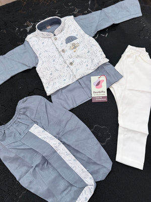 Kids Gray Kurta Dhoti and Pajama Set with offwhite Jacket, Boys Ethnic Wear, Festive Wedding Outfit B-2021