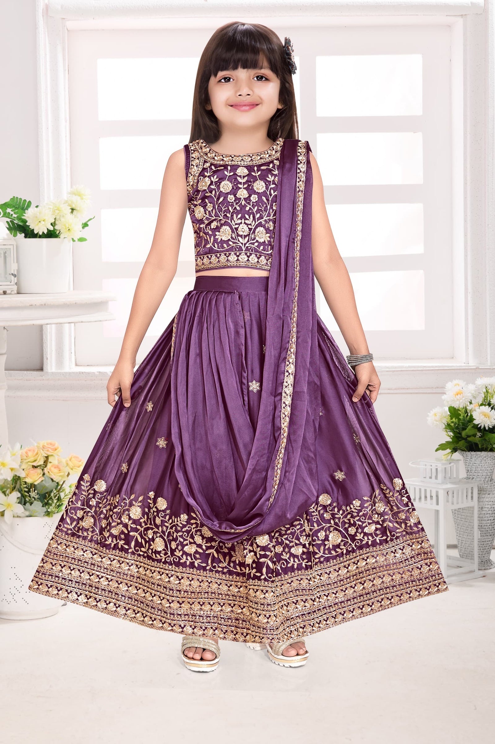 Purple Shade Lehnga Choli in Sari Style, Half Sari, , Indian traditional festive outfit for Princess, Girl Design GRL - 1895