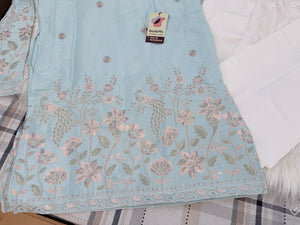 Men’s SkyBlue Shorter Kurta with Parallel Pants | Floral Embroidery Kurta Pajama Set | Indo-Western Wedding & Festive Kurta Set, KP - 4065