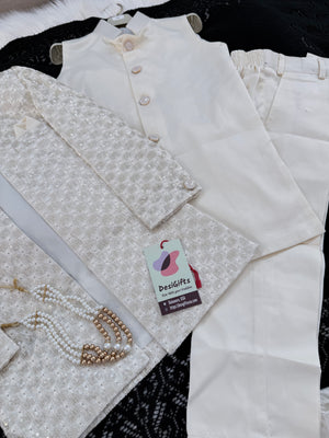 Boy's Cotton Silk 3 Piece Indo Western Outfit,  Embroidered  Sequins Long Jacket with  Pant and Necklace, Boy's Sherwani Dress - B-2073