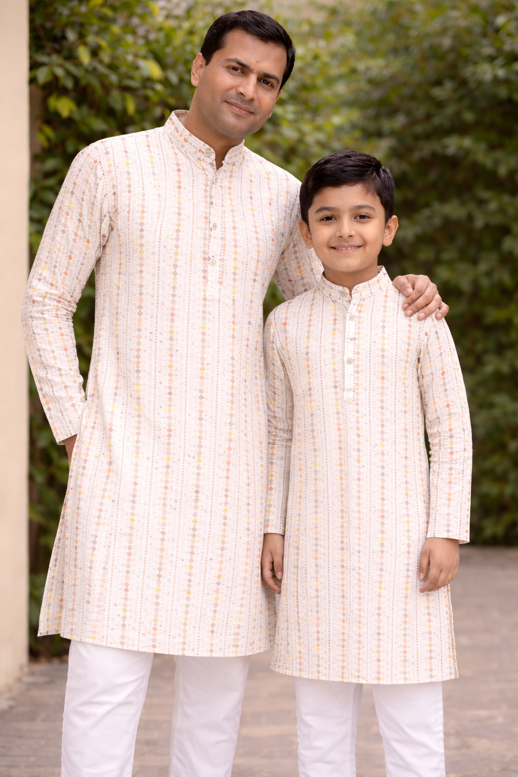 Ivory Cream 2-Piece Kurta Pajama Set – Father & Son Outfit | Premium Cotton Jacquard with Zari & Sequin Detailing, DM-2043