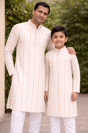 Ivory Cream 2-Piece Kurta Pajama Set – Father & Son Outfit | Premium Cotton Jacquard with Zari & Sequin Detailing, DM-2043