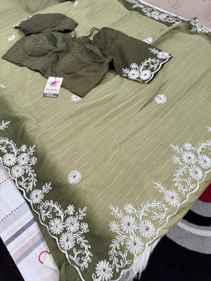 Soft Silk Blend Saree with White Floral Embroidery, Elegant Indian Wedding & Festive Saree with Stitched Blouse | Fall & Pico Done | Wedding, Festive & Party Wear, S- 3092
