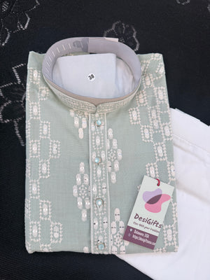 Men’s Sage Green Embroidered Kurta Pajama Set | White Thread & Sequin Work | Traditional Indian Wedding & Festive Wear, KPS-4028