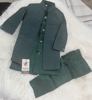 Boy's Pine Green Shade Cotton Silk 3 Piece Indo Western Outfit,  Embroidered  Sequins Long Jacket with Pant , Boy's Sherwani Dress - B-3051