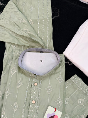 Men’s Pista Green Embroidered Kurta Pajama Set with Sequins Work, Indian Ethnic Wear for Wedding & Festival, KPS-3013