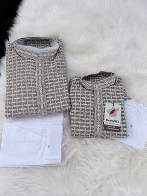 Mocha Shade Chikankari Rayon with Sequins 2 Piece Kurta with Trouser Style Pajama Set, Father & Son's Outfit, DM -2009