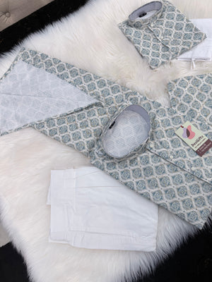 Teal Shade 2-Piece Kurta Pajama Set – Father & Son Outfit | Premium Cotton Jacquard with Zari & Sequin Detailing, DM-2044