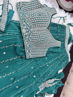 Embroidered Lehenga Saree Style Set with Blouse & Dupatta – Teal Blue / Olive Green Wedding & Festive Indian Ethnic Wear, Design LHG - 4007