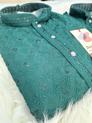 Men & Boys Green Rayon Chikankari with Sequins Kurta Pajama Set | Matching Father Son Festive Outfit with Sequin Work, DM -2078