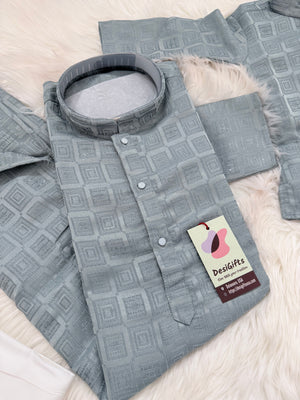 Father & Son Matching option in Dusty Ice Blue Kurta Pajama Set | Geometric Jacquard Kurta with Pants | Indian Wedding & Festive Wear, DM-4029