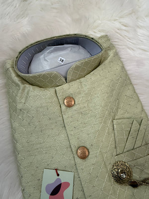 Green Shade Kurta Pajama with Embroidered Jacket for Men, Indian Weddings, Festivals & Celebrations | Designer Kurta Pajama KPJ-2059