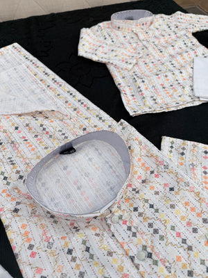 Ivory Cream 2-Piece Kurta Pajama Set – Father & Son Outfit | Premium Cotton Jacquard with Zari & Sequin Detailing, DM-2043