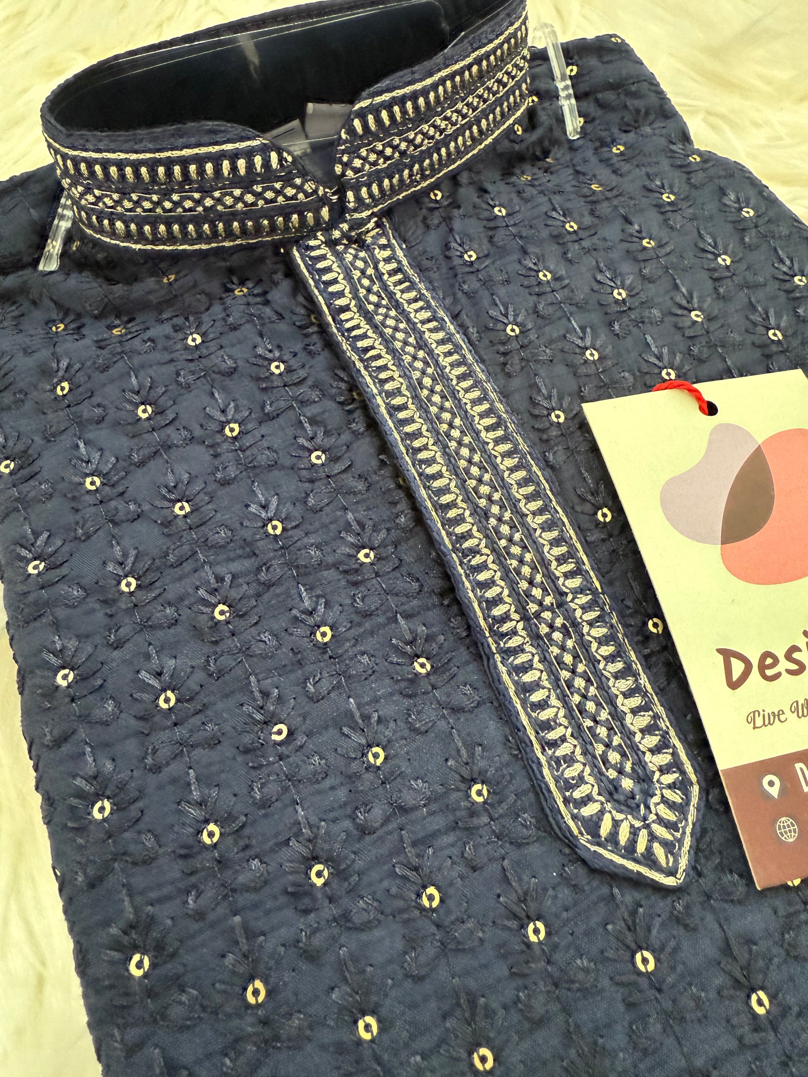 Boy's Navy Shade Cotton Silk Kurta with Cotton Linen and Pajama Set, Indian Kurta Pajama set for Boys- BOY-1778