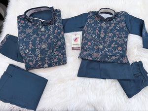 3 Piece Dusty Navy Blue Kurta Pajama with Embroidery Jacket Set, Silk Blend Fabric with a Slight Sheen., Father & Son's Outfit, DM - 3022