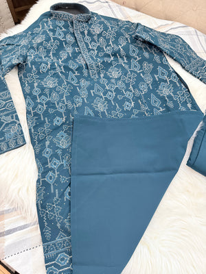 Men’s Deep Teal Blue with Silver Embroidered Kurta Pajama Set with Sequin Accents | Chikankari-Style Wedding & Festive Indian Outfit, KP- 3060
