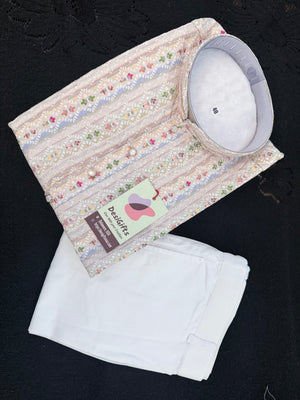 Man's Ivory Cream 2-Piece Kurta Pajama Set , Premium Rayon with Embroidery and Sequin Detailing, KP-4001