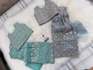 Baby Girls’ Embroidered Lehenga Choli Set in Teal Blue & Slate Gray, Festive Indian Ethnic Outfit Lehenga Dress, GRL-2091