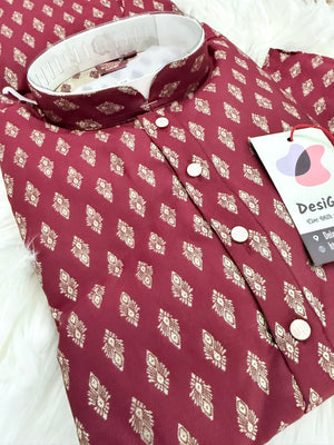 Men’s Wine Maroon Jacquard Kurta Pajama Set, Indian Ethnic Wear for Wedding Party Festival, Designer Kurta for Men, KP -3003