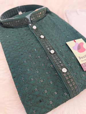 Green Shade Chikankari Embroidery with Sequins 2 Piece Viscose Rayon Kurta Pajama Set, Indian Partywear Kurta SetKP-1978