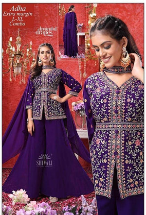 Elegant Georgette Palazzo Jacket Style Suit Set with Zari Thread Work and Sequins, Ethnic Party Outfit, Design LHG - 1766