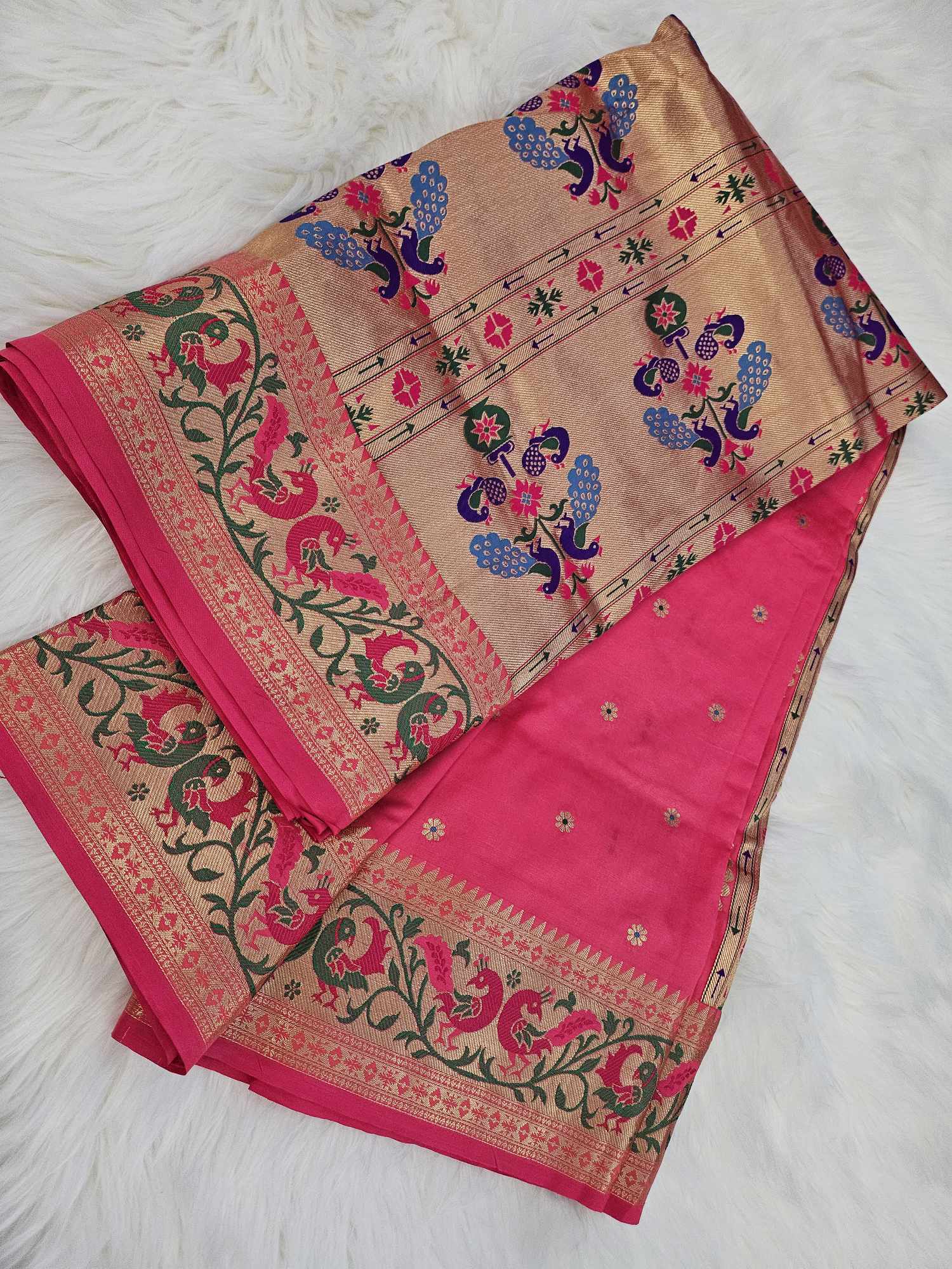 Pink Shade Banarasi Soft Silk Maharani Paithani Saree with Zari Border,  SARI#593