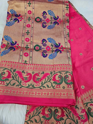 Pink Shade Banarasi Soft Silk Maharani Paithani Saree with Zari Border,  SARI#593
