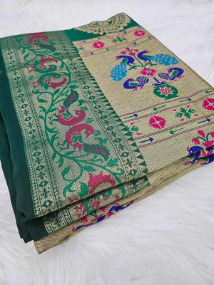 Green Shade Banarasi Soft Silk Maharani Paithani Saree with Zari Border,  SARI# 594