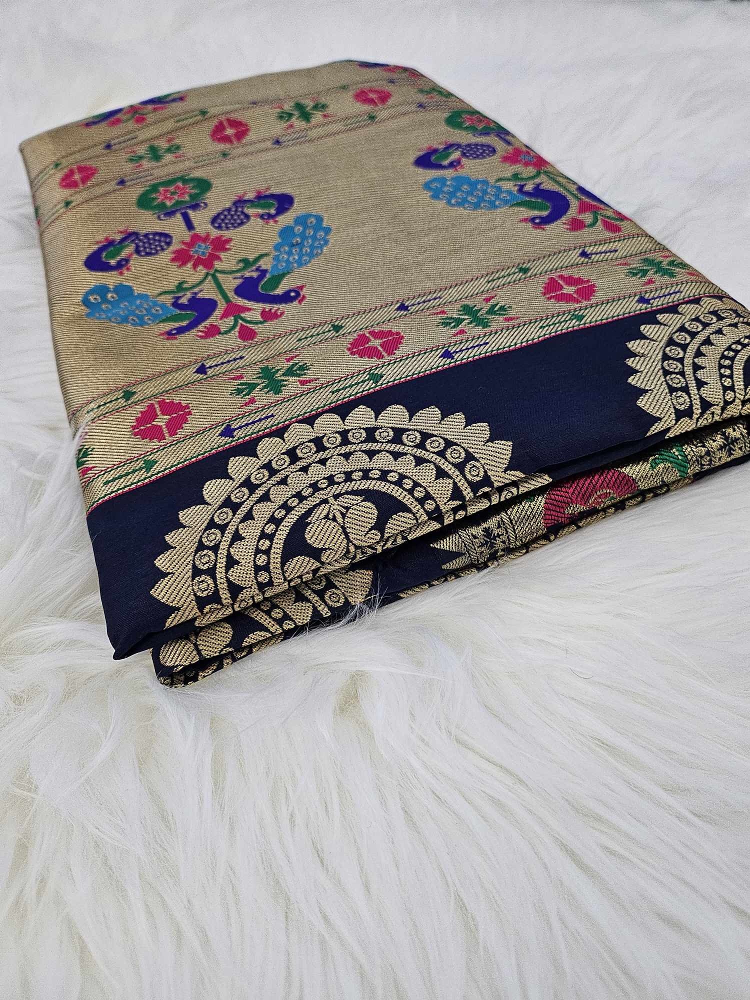 Navy Shade Banarasi Soft Silk Maharani Paithani Saree with Zari Border,  SARI#596