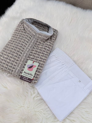 Mocha Shade Chikankari Rayon with Sequins 2 Piece Kurta with Trouser Style Pajama Set, Father & Son's Outfit, DM -2009