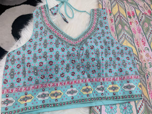Aqua Blue & Pink Lehenga Choli Set with Dupatta – Digital Floral Print, Mirror-Style Sequin Work, Indian Wedding Festive Wear, LHG - 4010