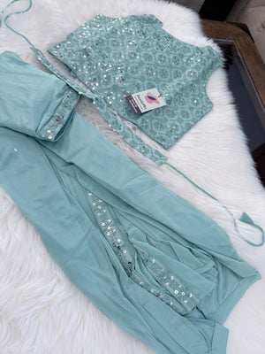Girls Light Teal Blue Shade Saree Set with Sequins Blouse, Ready to Wear Indian Outfit, GRL-2089