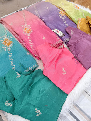 Soft Silk Blend Saree with Floral Embroidery, Ombre Effect | Stitched Blouse Included | Fall & Pico Done | Wedding, Festive & Party Wear, S- 3082