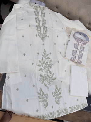 Size 42 (L), Men's Off-White Embroidered Kurta Pajama Set – Sage Green & Dusty Lavender | Indian Wedding & Festive Wear| KP-4067