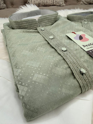 Father & Son Matching option in Dusty Sage Green Kurta Pajama Set | Geometric Jacquard Kurta with Pants | Indian Wedding & Festive Wear, DM-4030