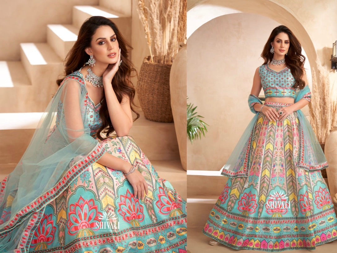 Aqua Blue & Pink Lehenga Choli Set with Dupatta – Digital Floral Print, Mirror-Style Sequin Work, Indian Wedding Festive Wear, LHG - 4010