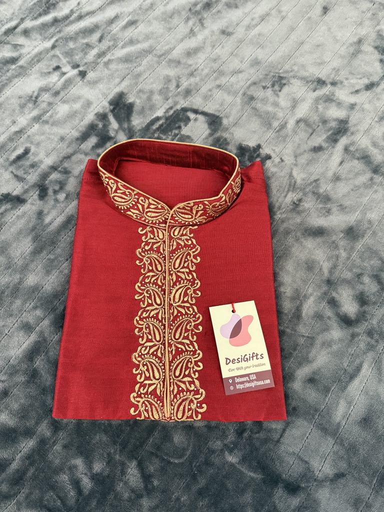 Rose Red Full Sleeve Embroidered Short Kurta for Man -Silk Design SK - 1081