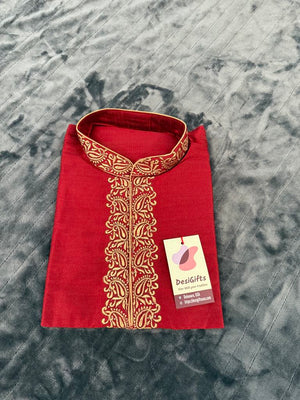 Rose Red Full Sleeve Embroidered Short Kurta for Man -Silk Design SK - 1081