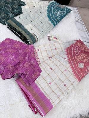 Linen Silk Blend Saree with Bandhani Style Print & Embellished Border, Indian Wedding Festive Saree with Stitched Blouse, S- 3093
