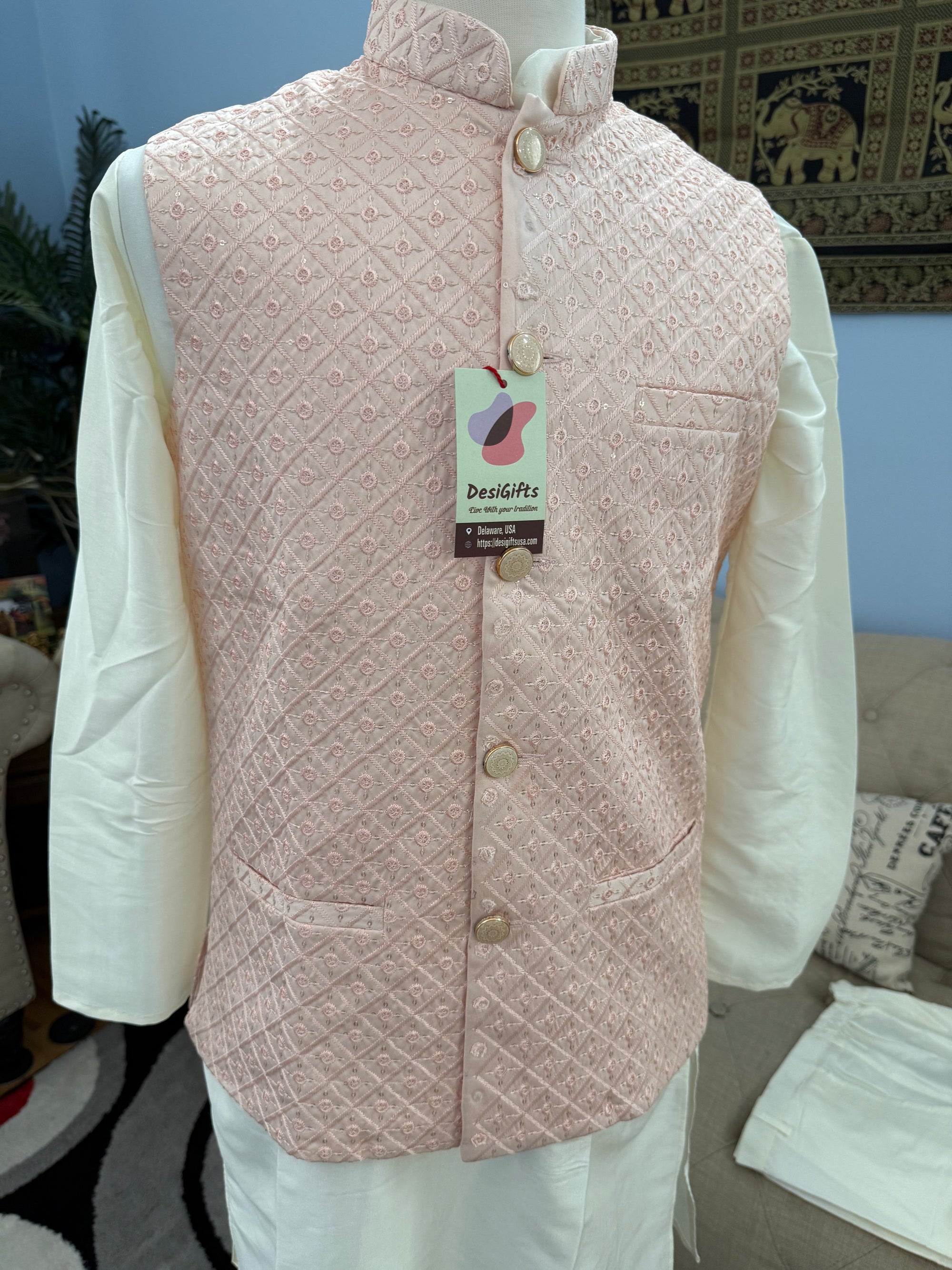 3 Piece Cream Kurta Pajama, Pant Style, with Peach Shade Embroidered Sequins Jacket Set-Silk Fabric, JKP- 1925
