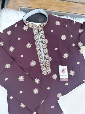 Men’s Plum Purple Shade Embroidered Kurta Pajama Set | Open Neck Kurta with Ivory Trouser Pants | Indian Wedding & Festive Wear, KP-4071