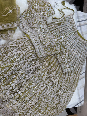 Women’s Olive Green Heavy Embroidered Lehenga Choli with Dupatta – Sequin & Stone Work Indian Wedding Bridal Festive Outfit, LHG-4015