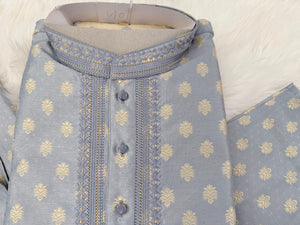 Men's Gray Jacquard Silk Kurta Pajama Set | Gold Floral Motifs | Indian Wedding, Eid & Diwali Festive Wear, KP-4086