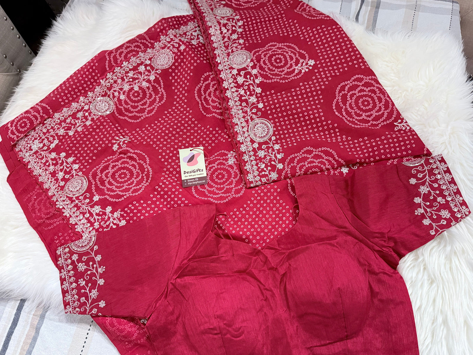Women’s Deep Rani Pink Bandhani Style Saree with Silver Embroidery & Stitched Blouse, Festive Wedding Indian Saree, S- 3096