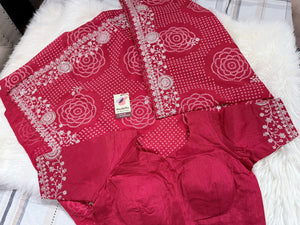 Women’s Deep Rani Pink Bandhani Style Saree with Silver Embroidery & Stitched Blouse, Festive Wedding Indian Saree, S- 3096