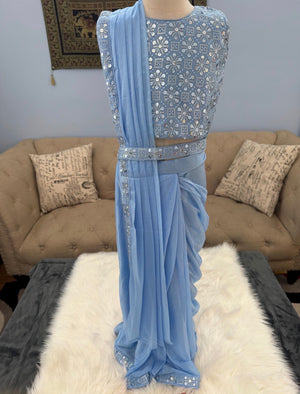 Readymade Saree  in Pastel Blue Shade for Girls with sequins Blouse, Indian Ethnic Outfit, GRL -1898