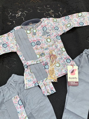Boys 3 Piece Gray Silk Blend Indian Dress Set with Jacket, Dhoti & Pajama – Ethnic Wedding and Festive Outfit B-2019